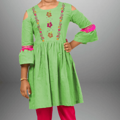 Girl’s Two piece set with Green Kurti and Pink straight pant-RKFCW466