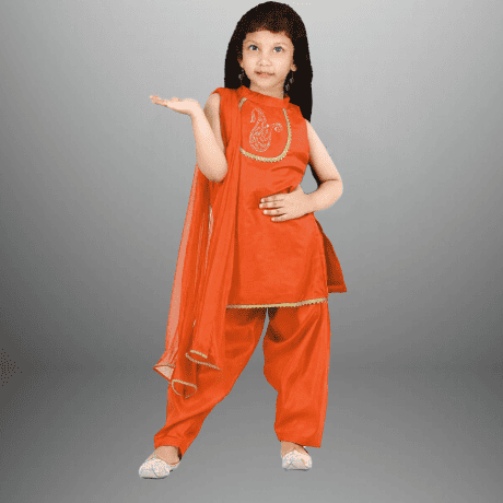 Girl’s Orange Cotton Silk Kurti With Patiala Pant And Dupatta-RKFCW468