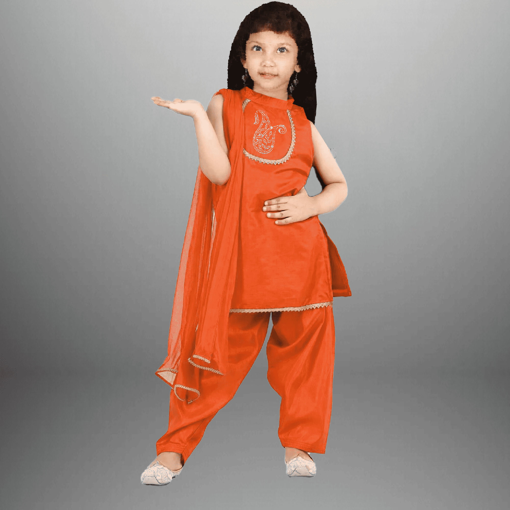 Girl's Orange Cotton Silk Kurti With Patiala Pant And Dupatta-RKFCW468