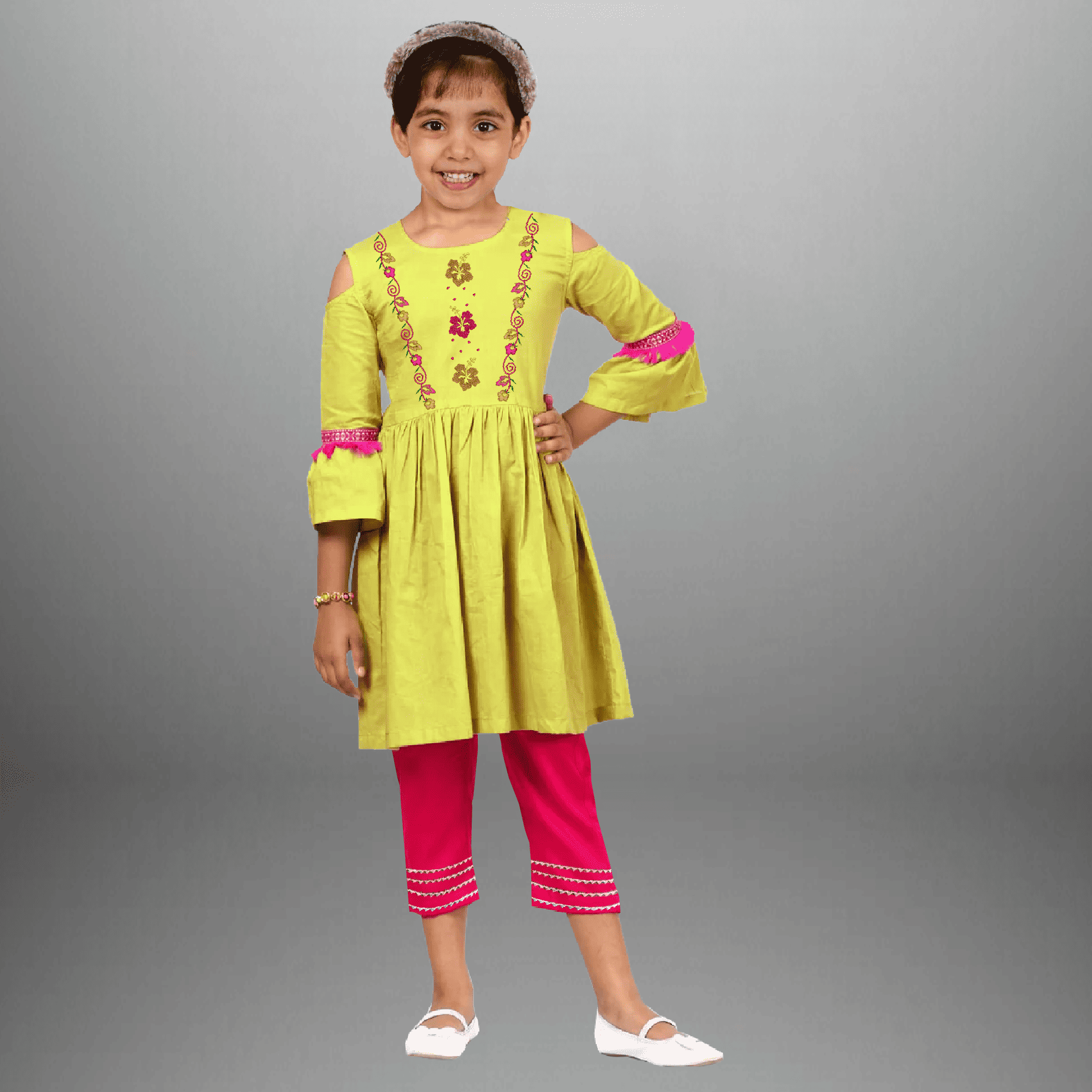 Girl's Two piece set with yellow Kurti and Pink straight pant-RKFCW464