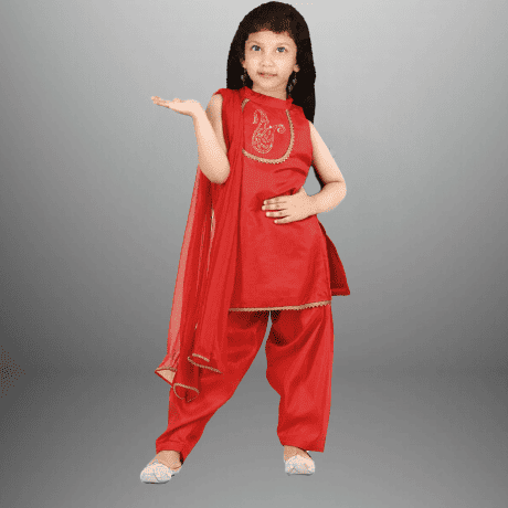Girl’s Red Cotton silk Kurti with Patiala pant and dupatta-RKFCW470