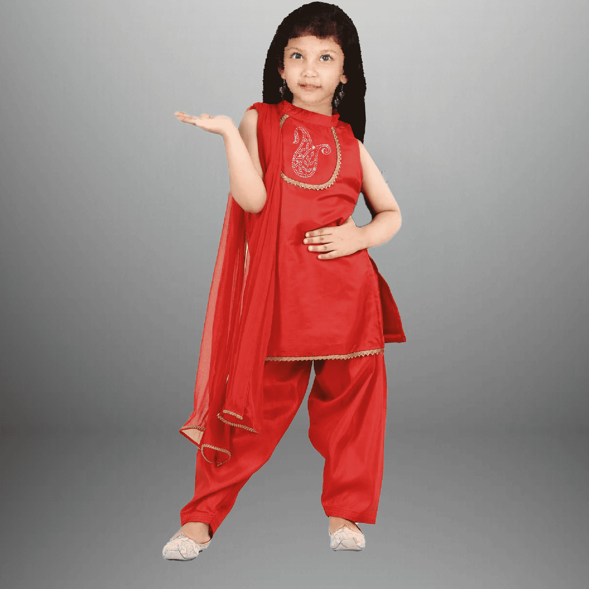 Girl's Red Cotton silk Kurti with Patiala pant and dupatta-RKFCW470