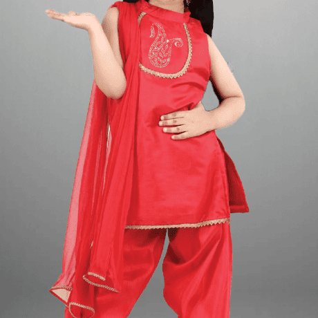 Girl’s Fiery Rose pink Cotton silk Kurti with Patiala pant and dupatta-RKFCW469