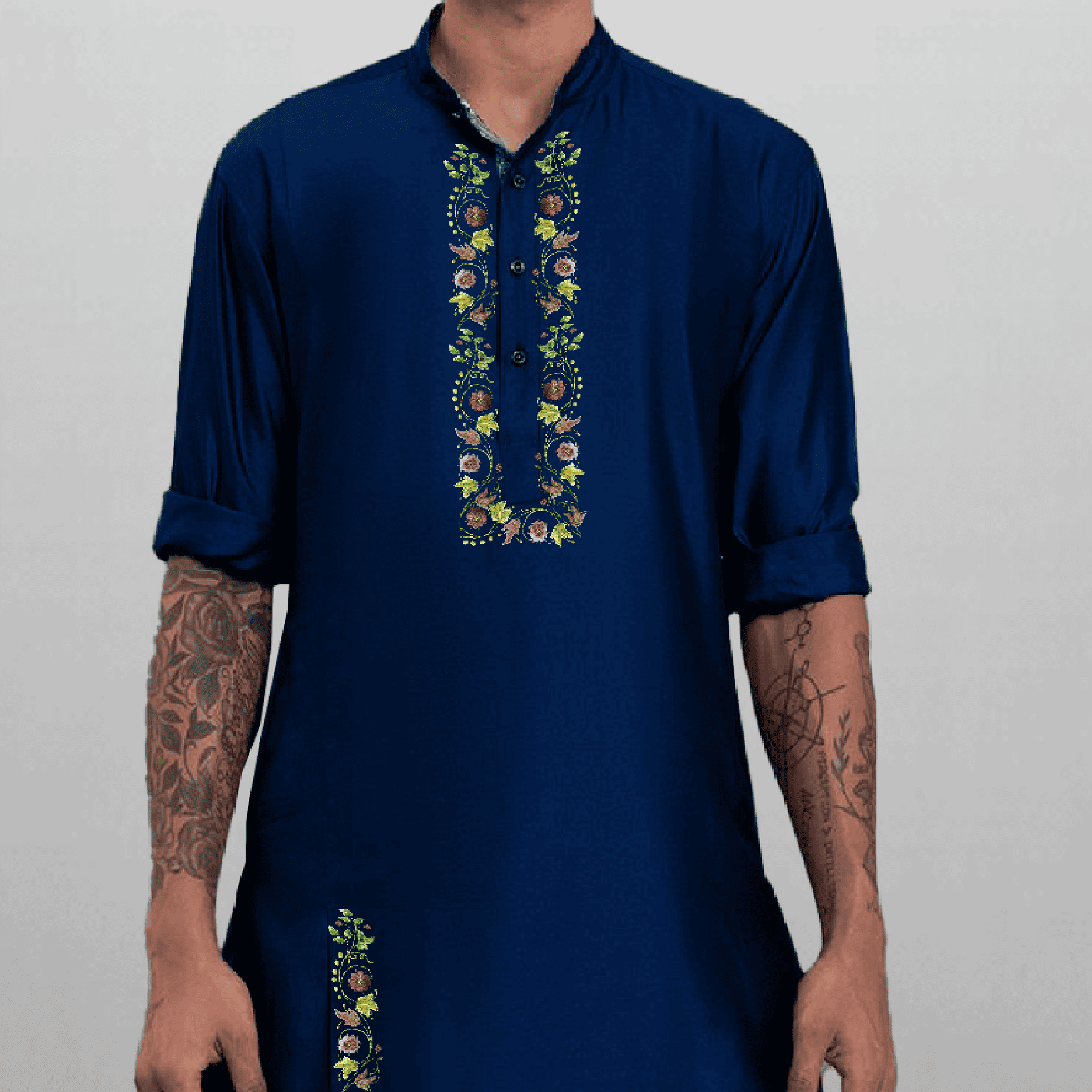 Men's Blue Asymmetric Kurta with embroidery-RMEK006