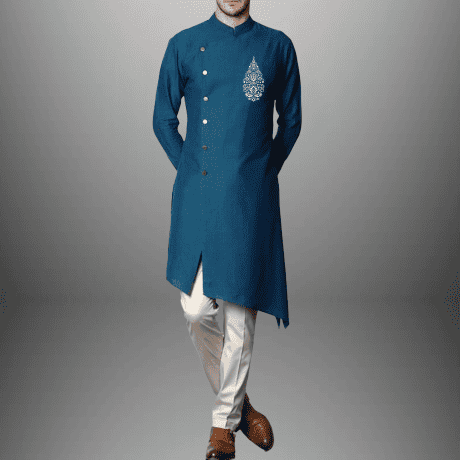 Men’s set of embroidered front slit Blue Kurta with White Pajama-RMEK016