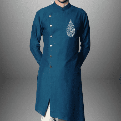 Men’s set of embroidered front slit Blue Kurta with White Pajama-RMEK016