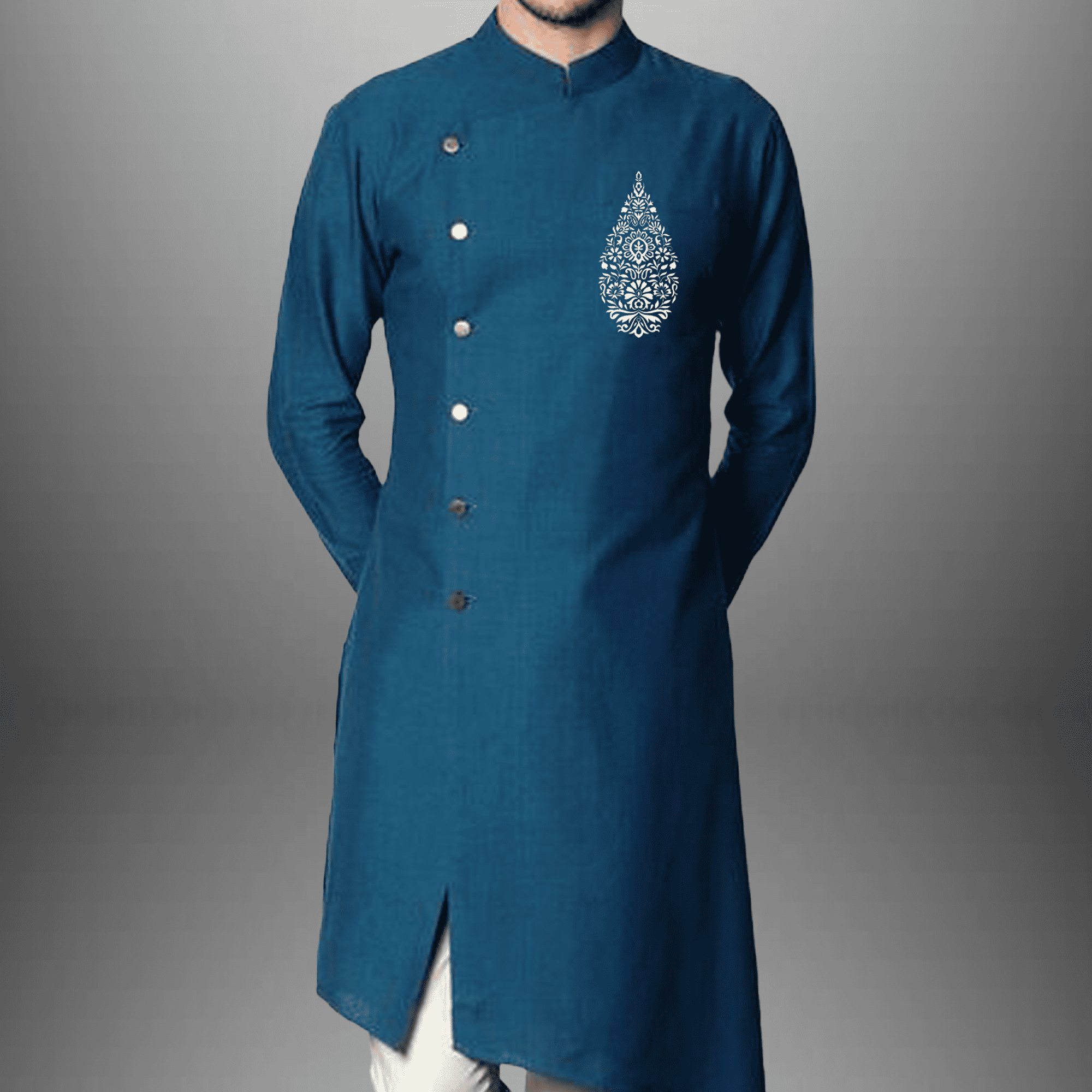 Men's set of embroidered front slit Blue Kurta with White Pajama-RMEK016