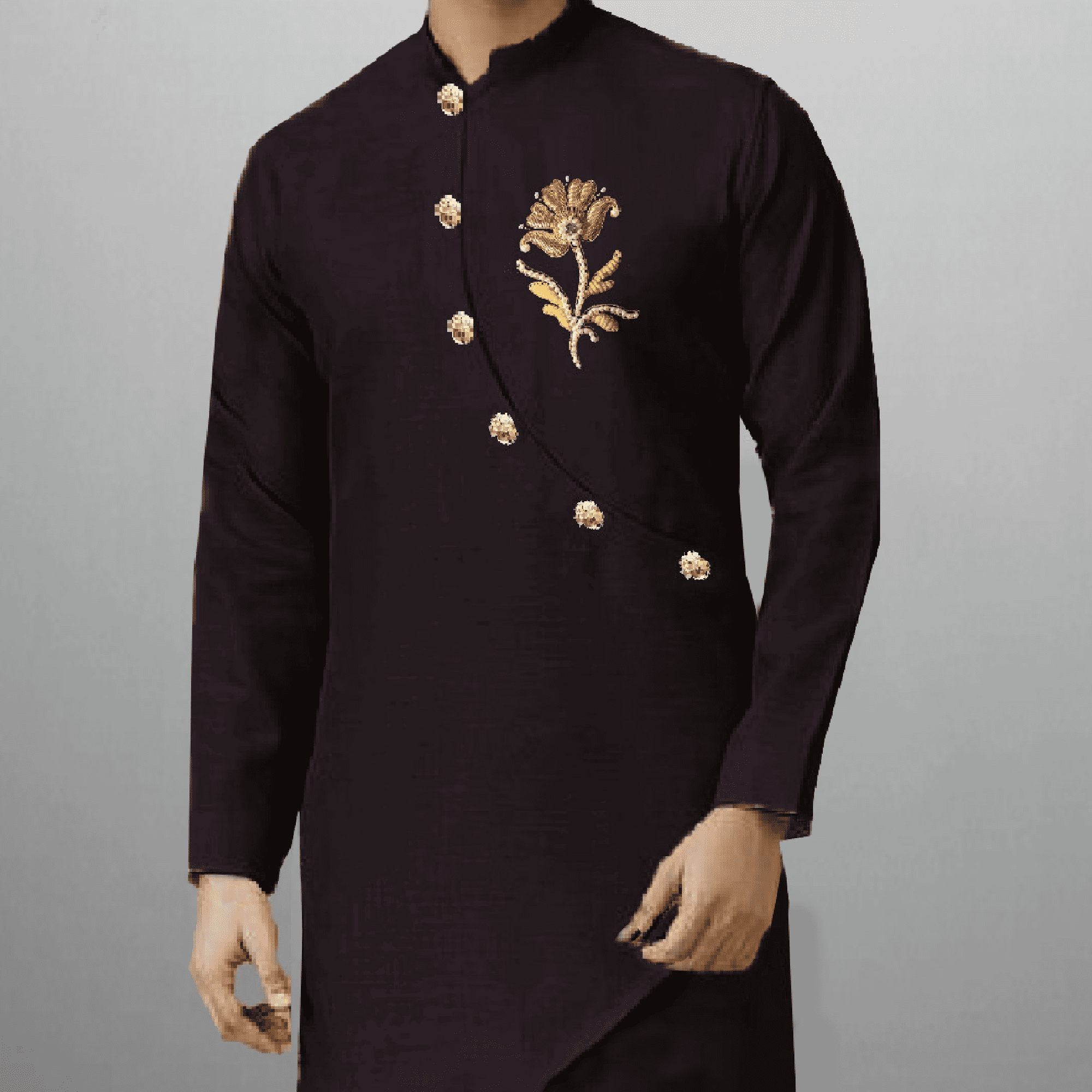 Men's Dark Blue kurta with golden buttons and embroidery work-RMEK008