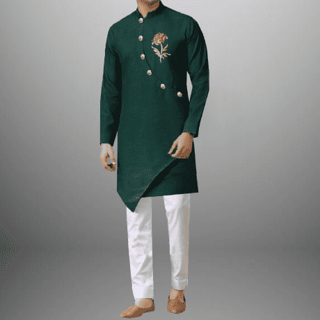 Men’s Forest Green kurta with golden buttons and embroidery work-RMEK009