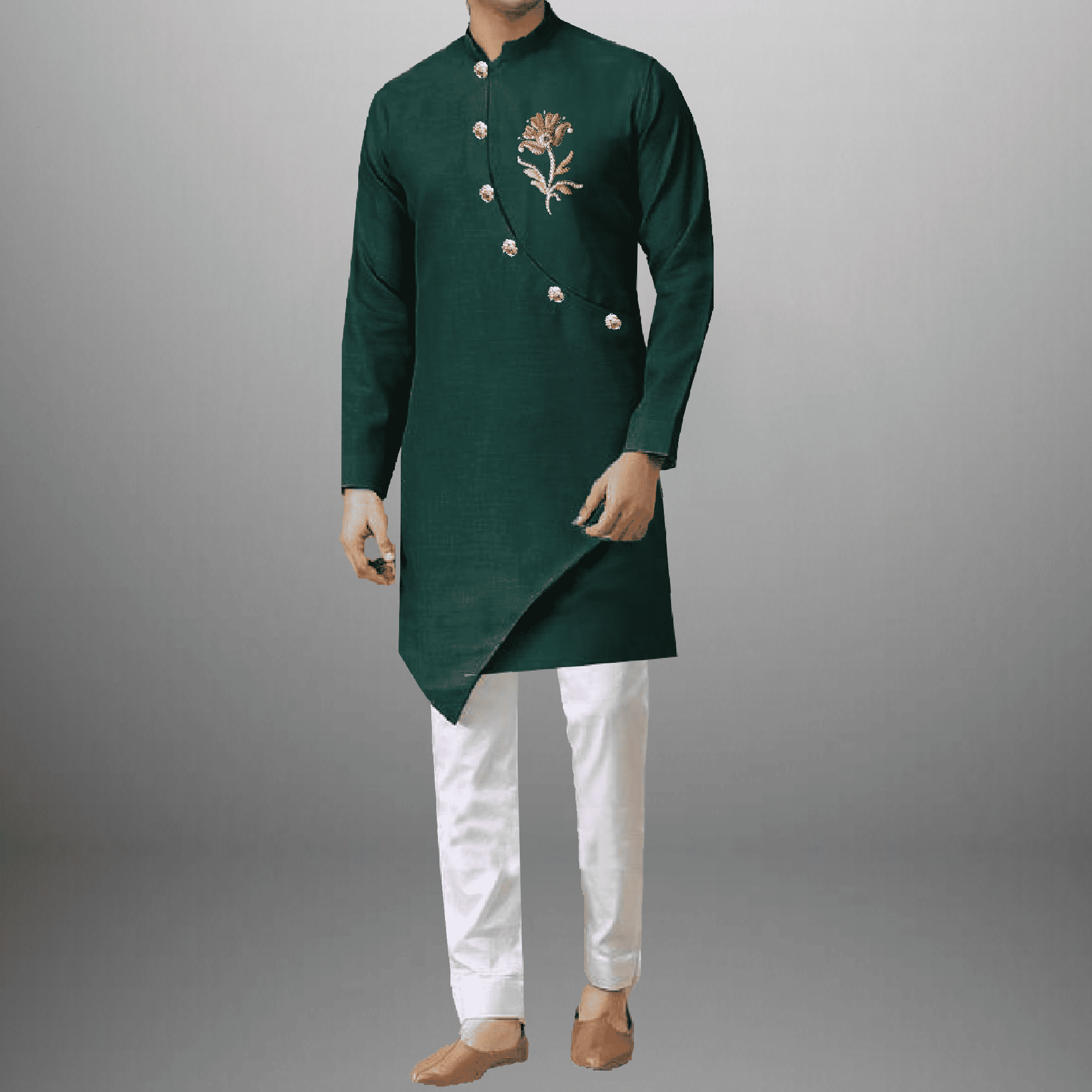 Men's Forest Green kurta with golden buttons and embroidery work-RMEK009