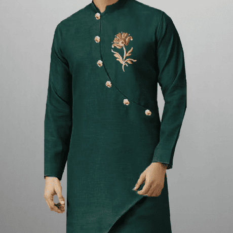 Men’s Forest Green kurta with golden buttons and embroidery work-RMEK009