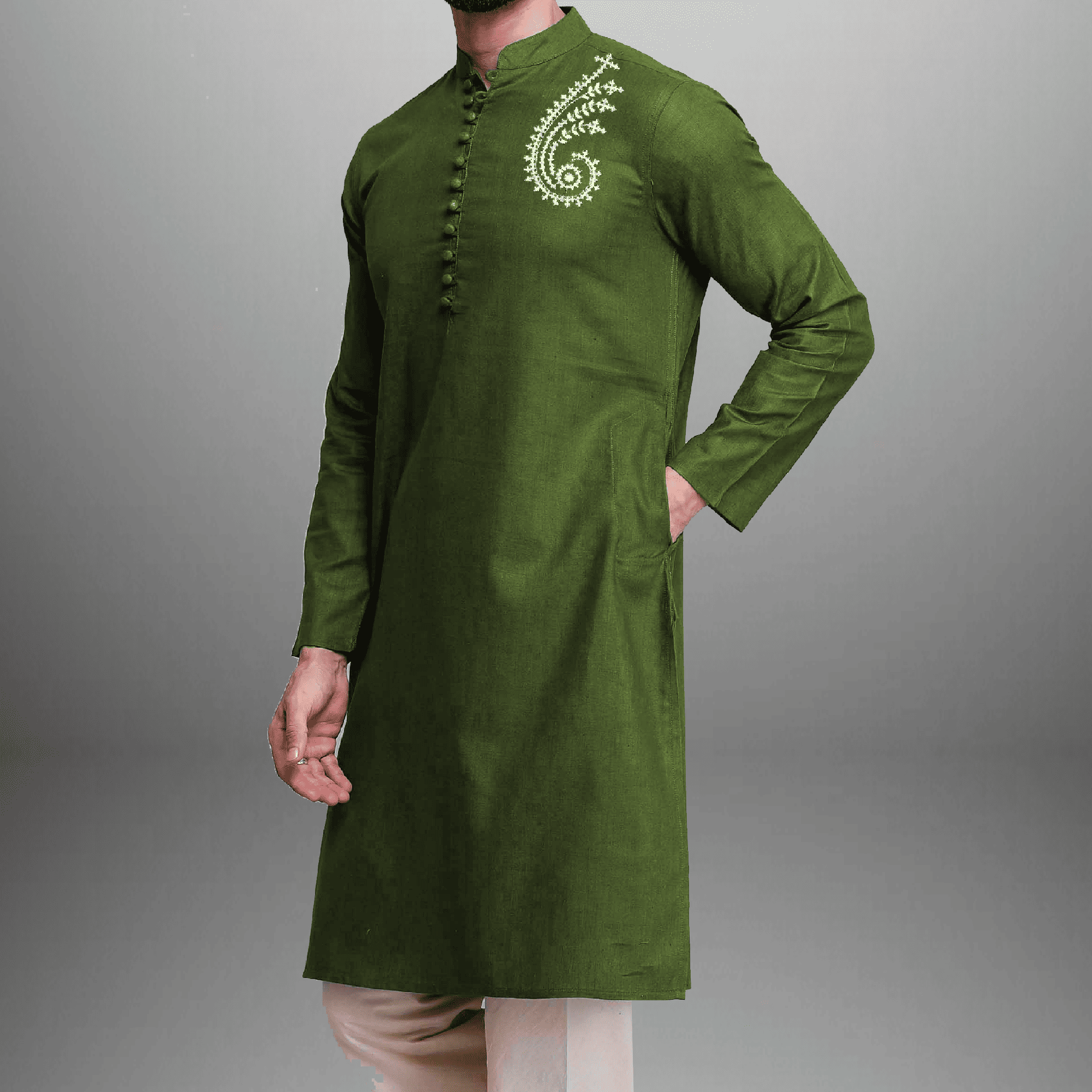 Men's Green Kurta with side embroidery work-RMEK013
