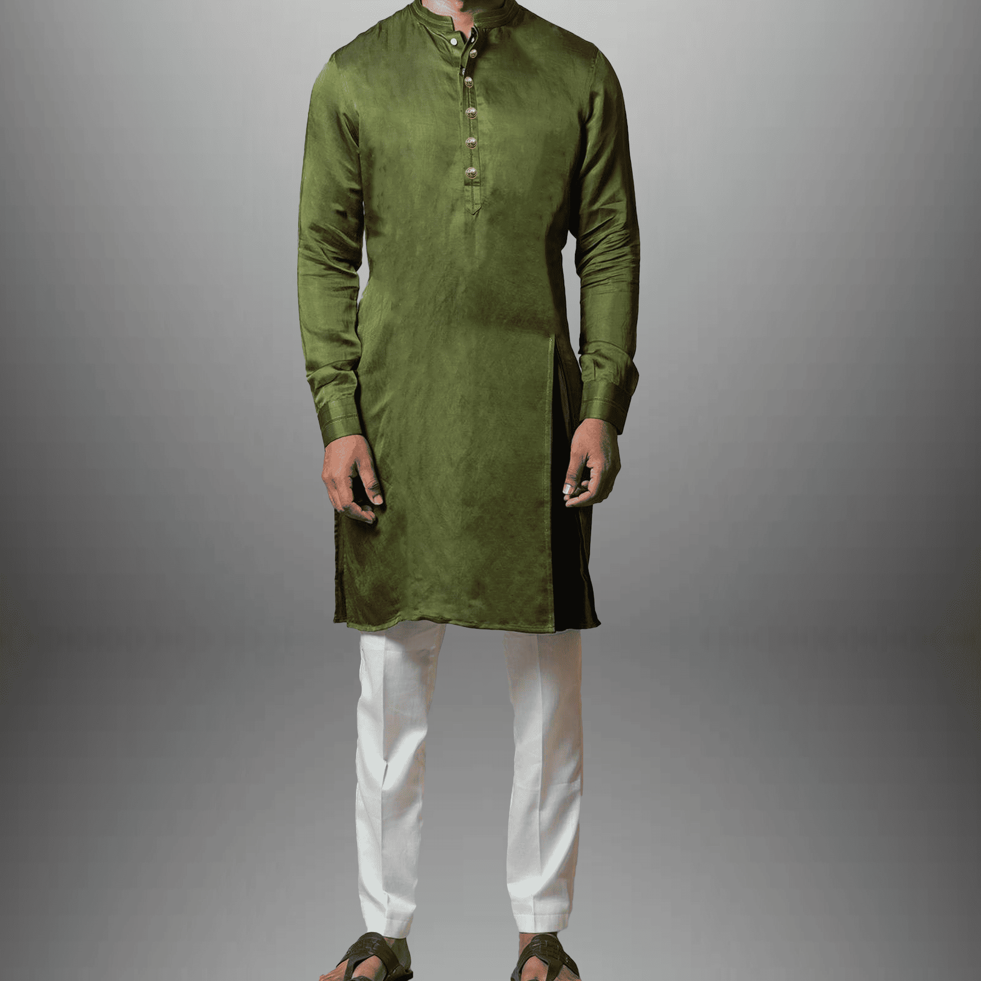 Men's set of Green Kurta with sleeve cuff & White Pajama-RMEK018