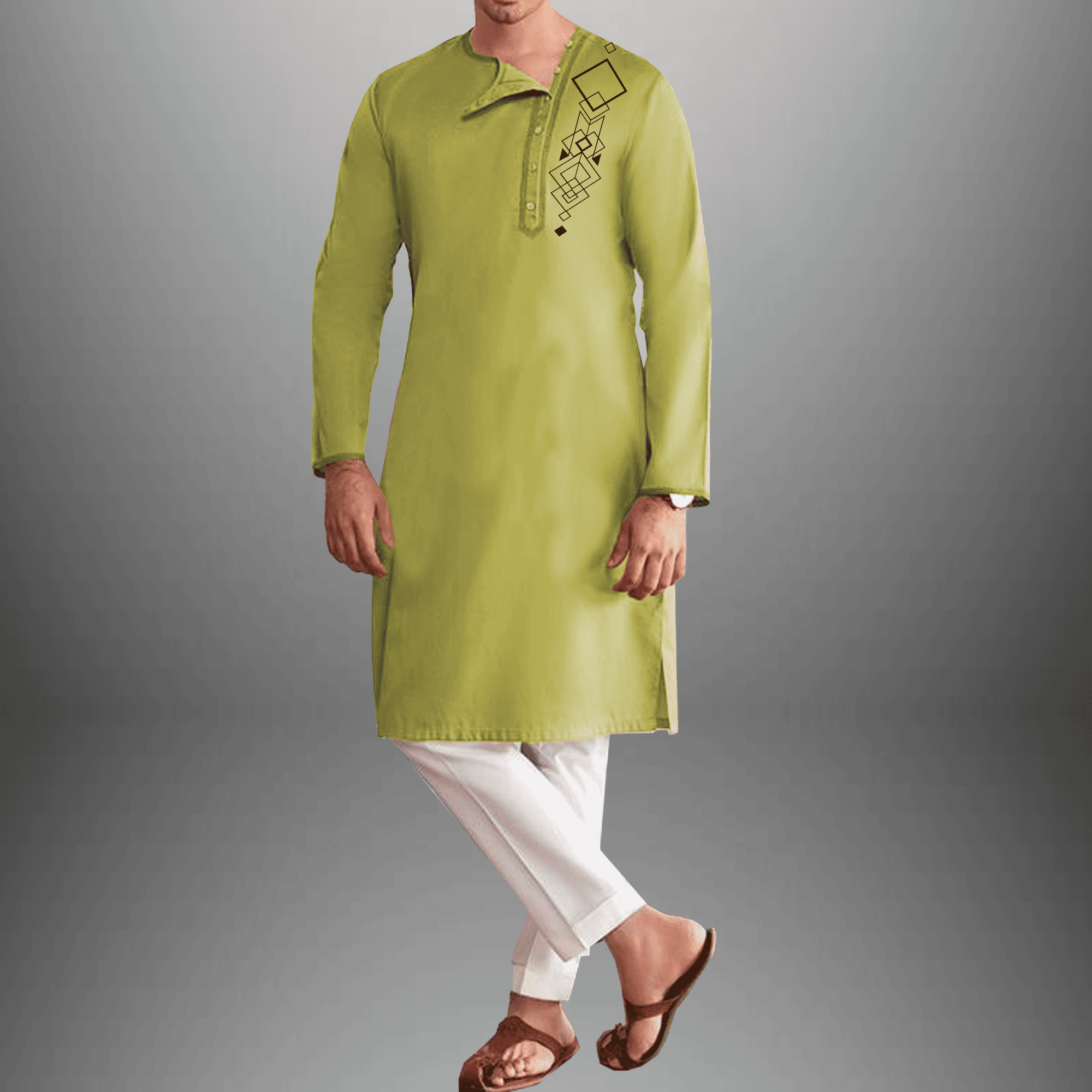 Men's set of light Green Kurta with front embroidery & white pajama-RMEK014