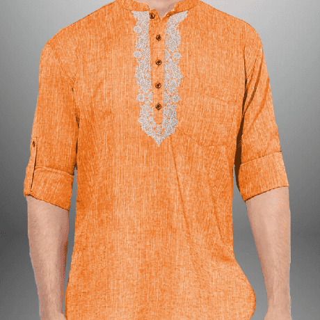 Men’s Orange Cotton Short kurta with embroidery work-RMEK002