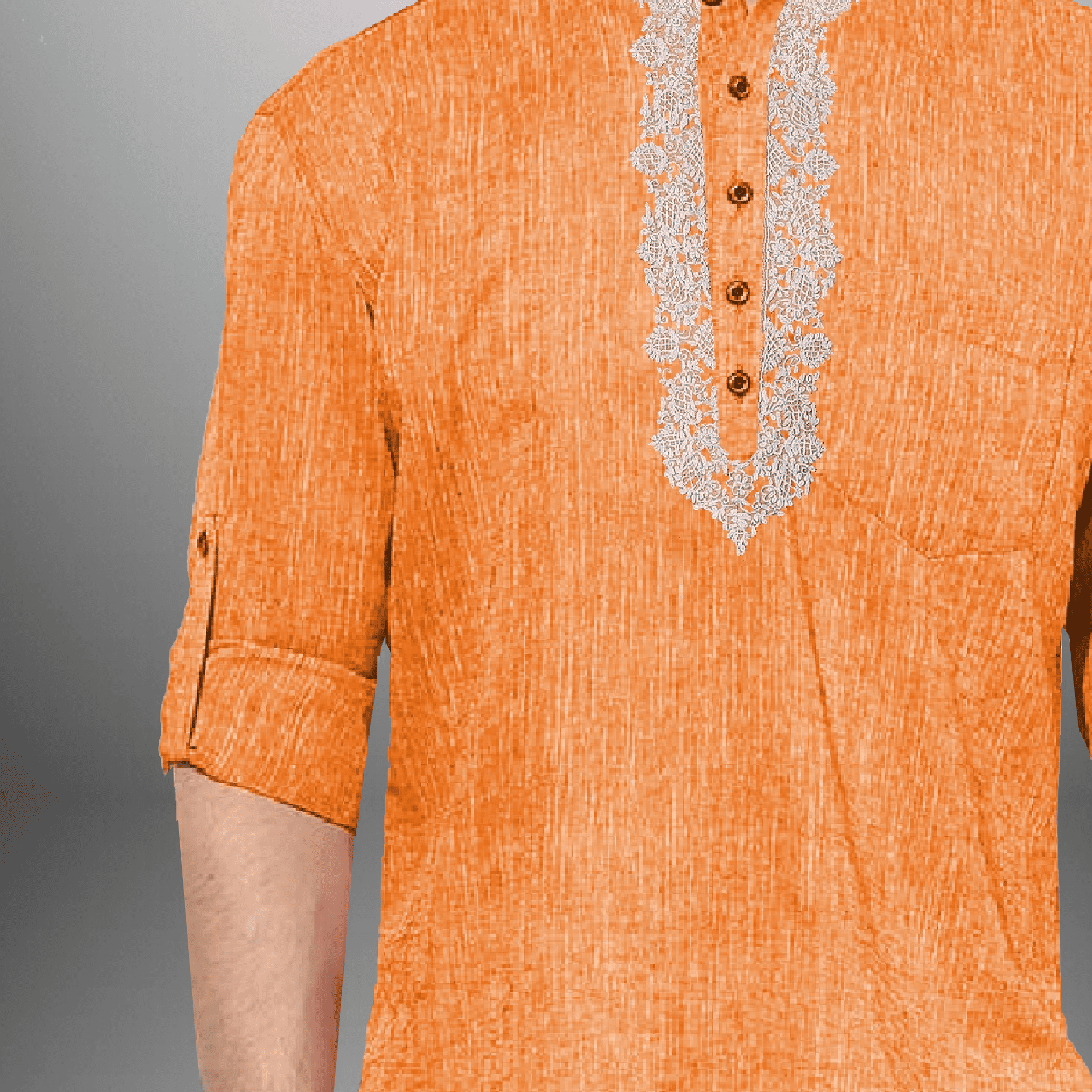 Men's Orange Cotton Short kurta with embroidery work-RMEK002