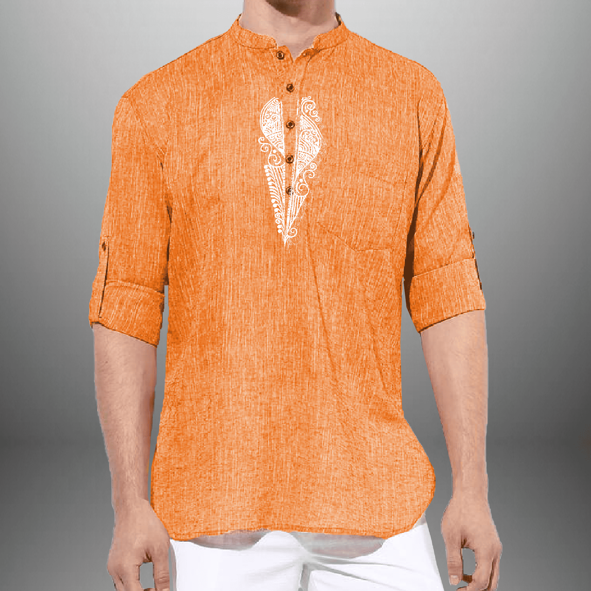 Men's Orange Cotton Short kurta with traditional motif-RMEK004