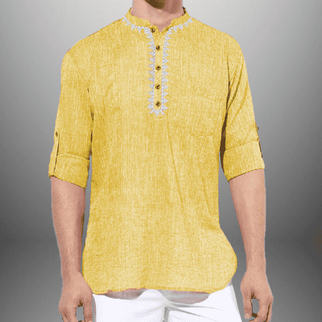 Men’s Yellow Cotton Short kurta with embroidery work-RMEK003