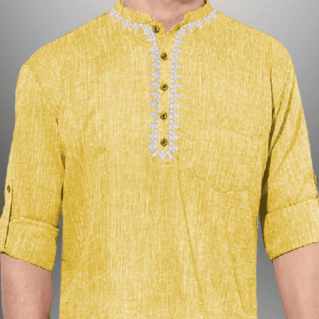 Men’s Yellow Cotton Short kurta with embroidery work-RMEK003