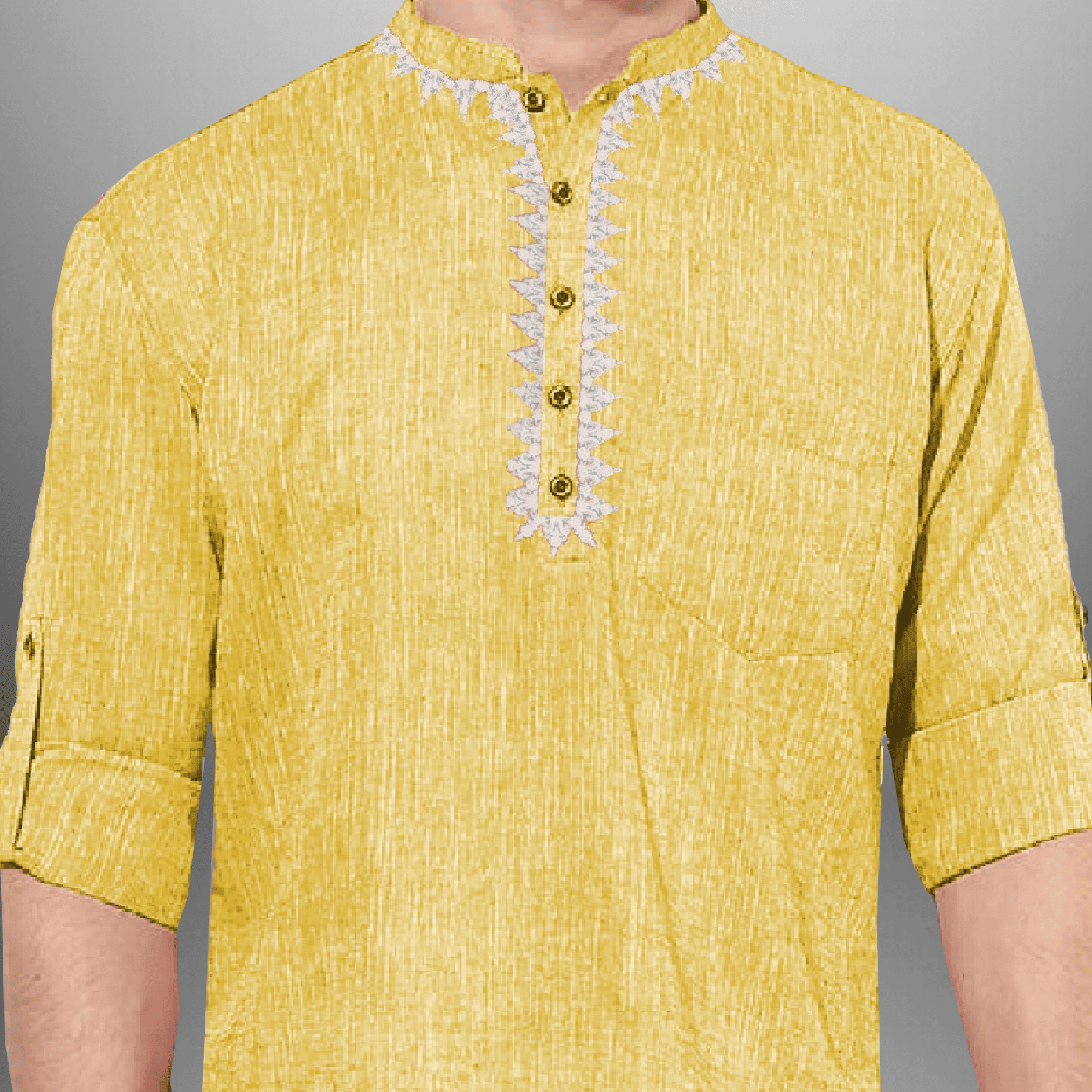 Men's Yellow Cotton Short kurta with embroidery work-RMEK003