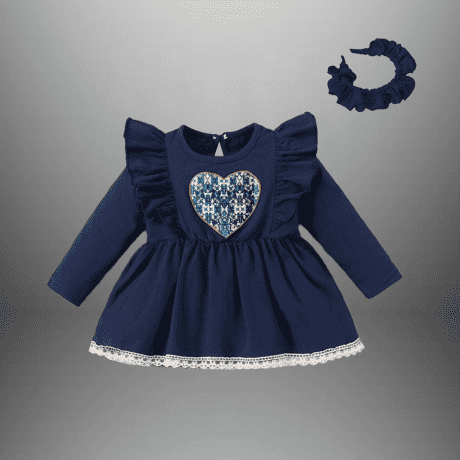 Toddler’s Navy blue frock with lace border and patched heart-RKFCTT089