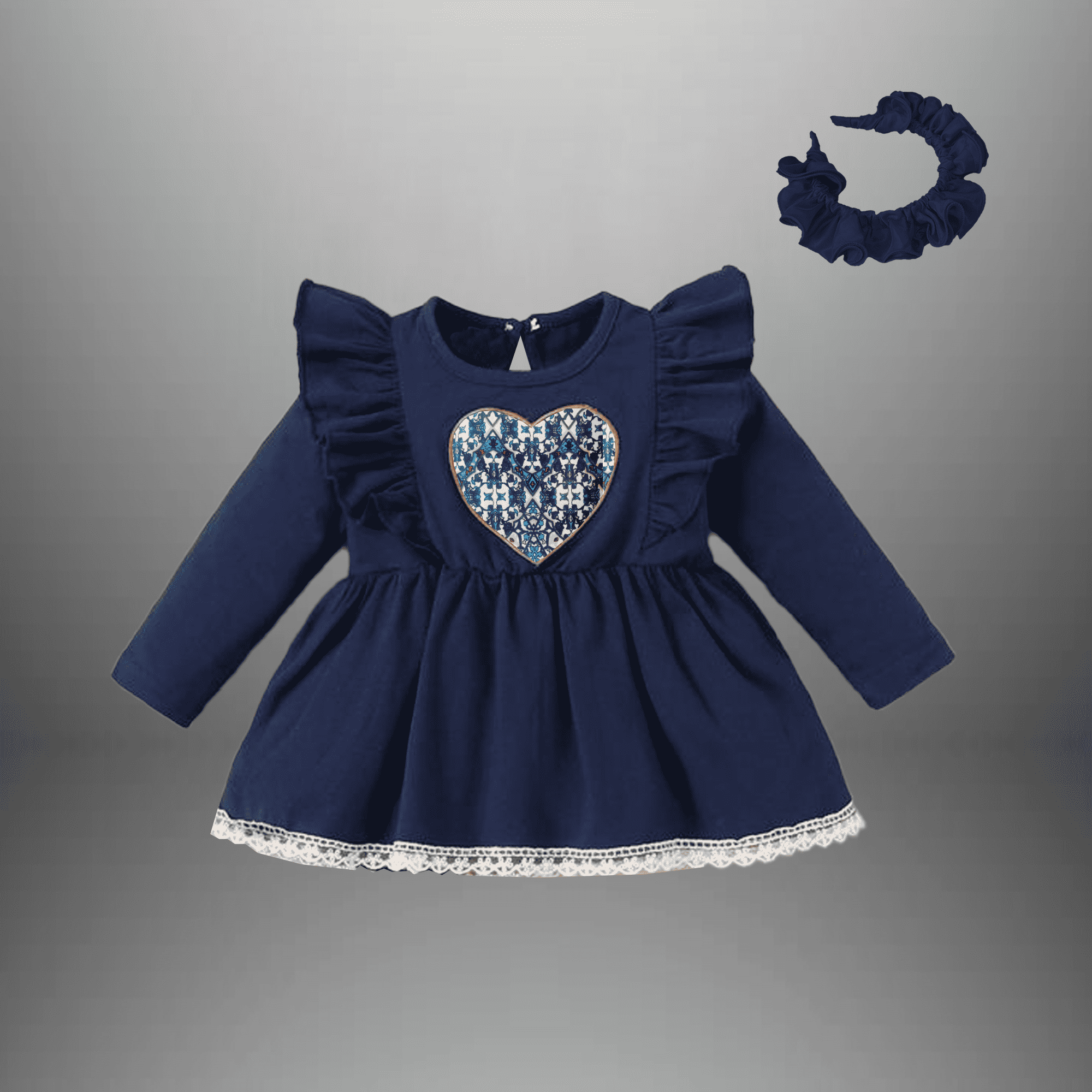 Toddler's Navy blue frock with lace border and patched heart-RKFCTT089
