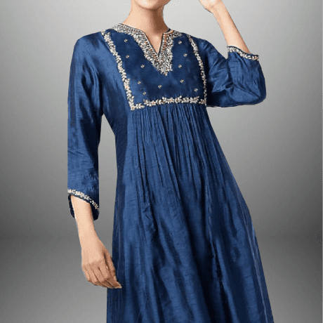Women’s Blue kurti with Golden embroidery and Golden lace border-RWKS038