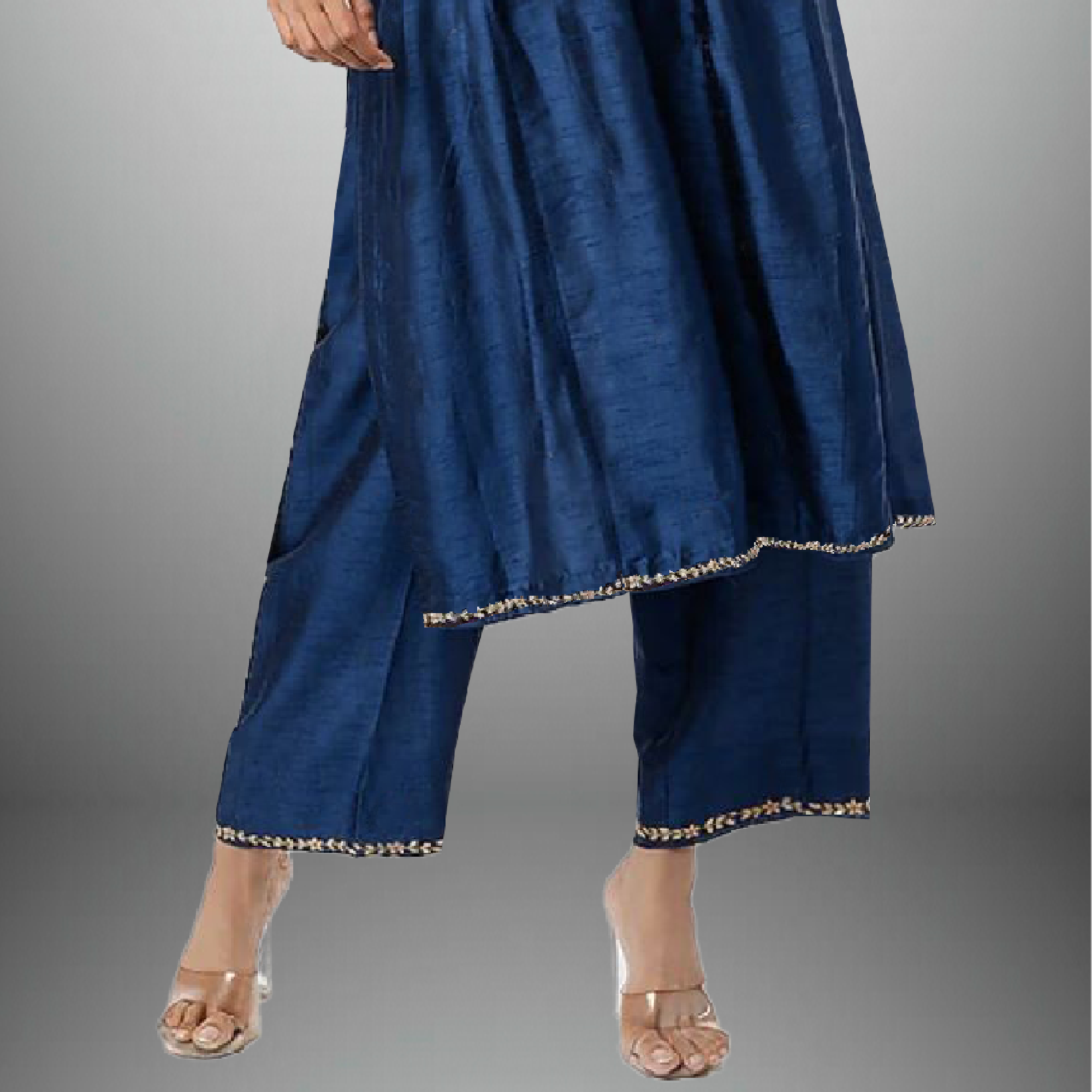 Women's Blue kurti with Golden embroidery and Golden lace border-RWKS038