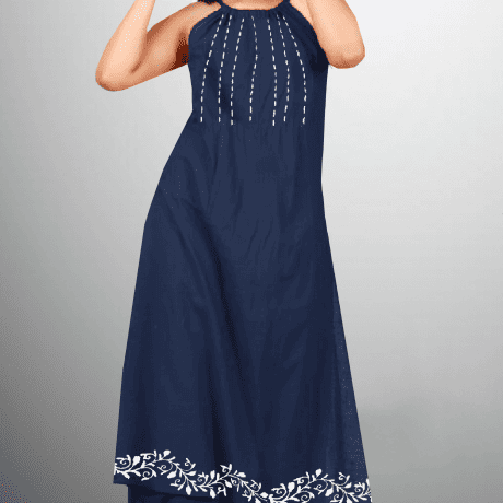 Women’s Halter neck Blue kurti with front Embroidery and Hand Painting-RWKS044