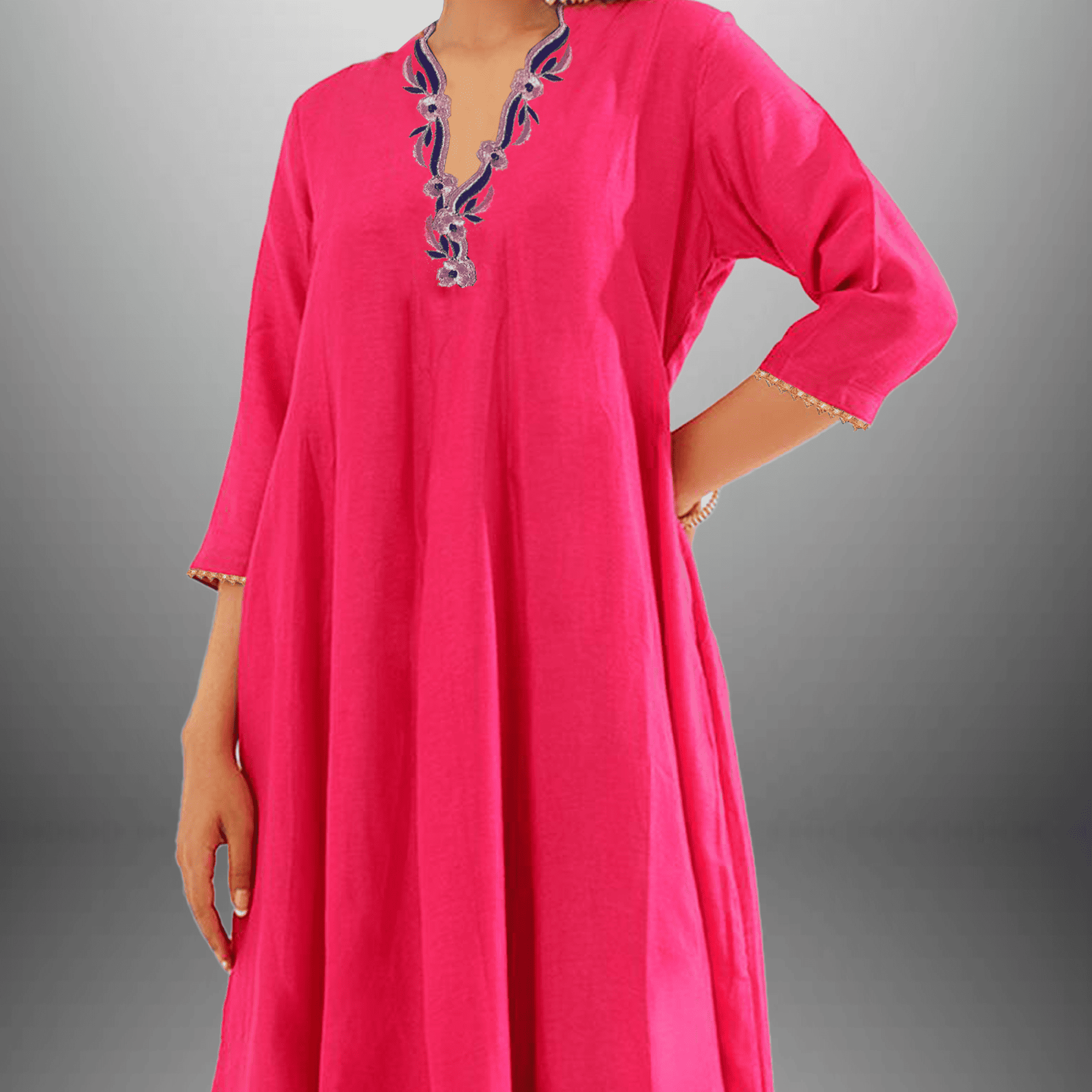 Women's Bubblegum Pink Kurti set with Blue embroidery on neckline-RWKS051