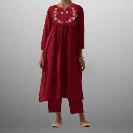 Women’s Cherry red Kurti with front floral ribbon work and pant-RWKS032
