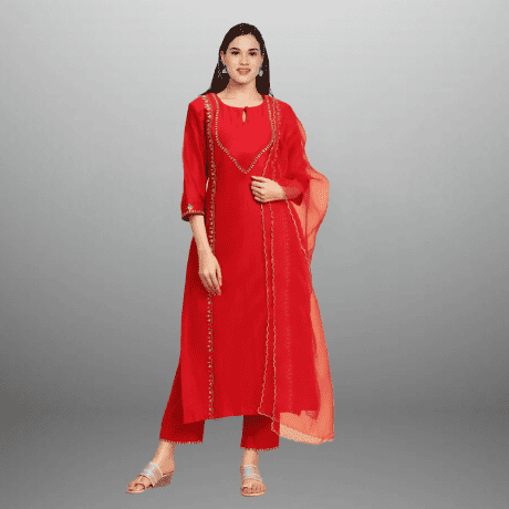 Women’s cherry red kurti set with with embroidery and lace border-RWKS039