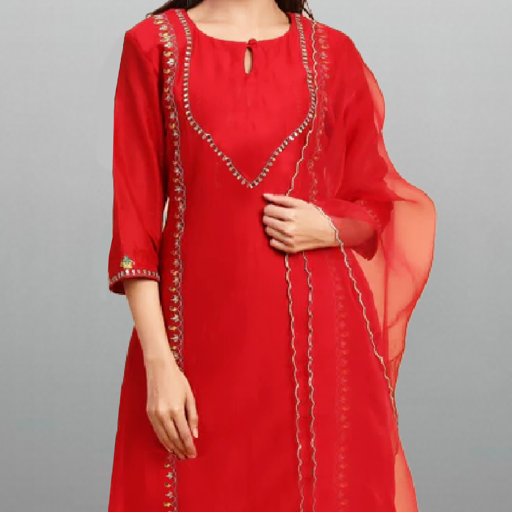 Women's cherry red kurti set with with embroidery and lace border-RWKS039