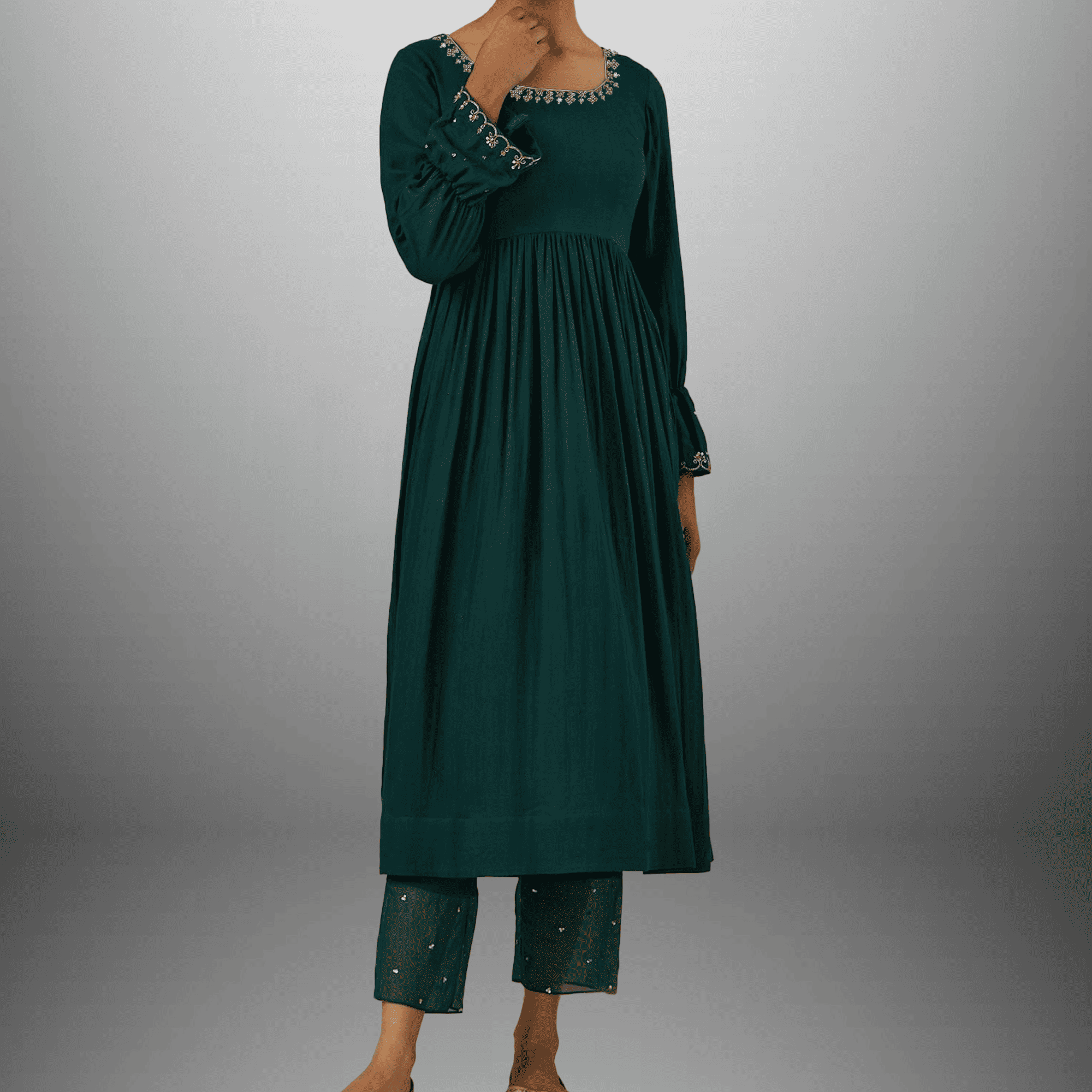 Women's  Forest Green Kurti with balloon sleeves and Pant-RWKS057