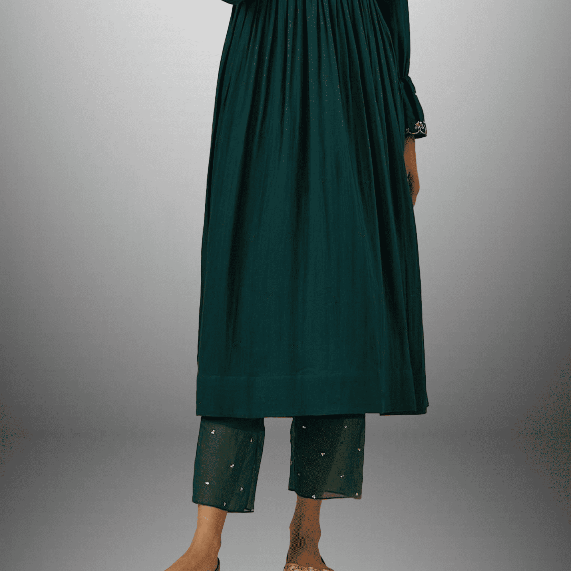Women's  Forest Green Kurti with balloon sleeves and Pant-RWKS057