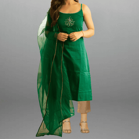 Women’s Green kurti set with Embroidery work and lace border-RWKS042
