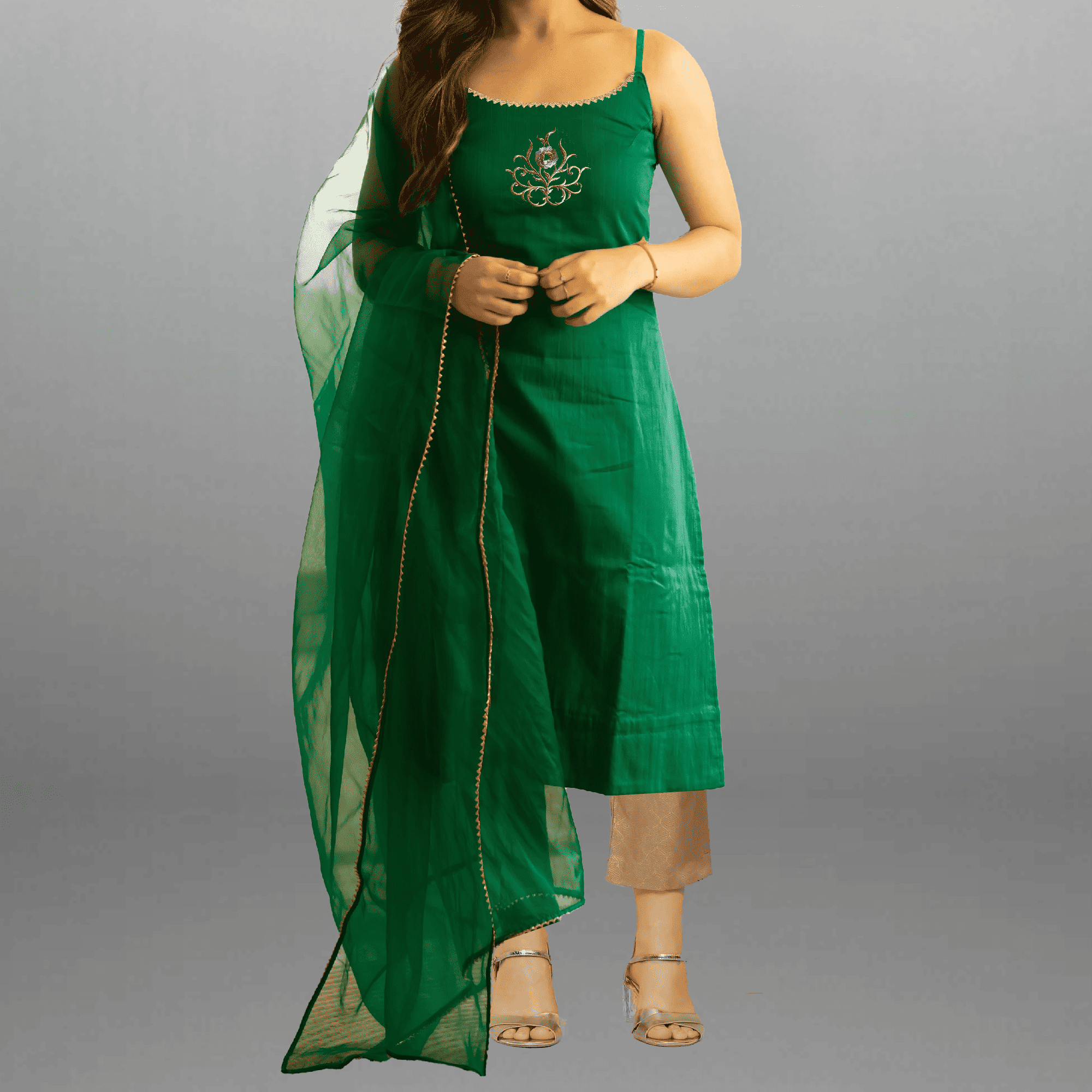 Women's Green kurti set with Embroidery work and lace border-RWKS042