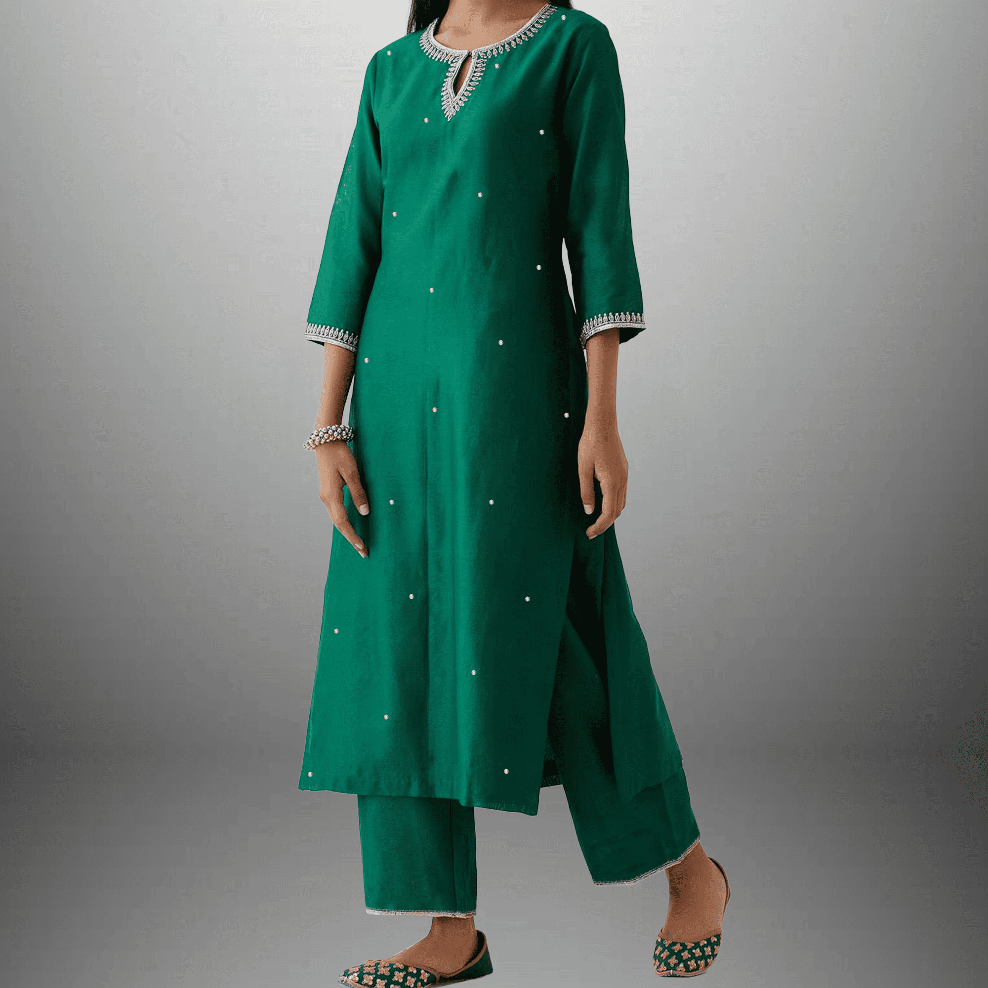 Women's Green Kurti set with neckline and sleeve embroidery-RWKS056