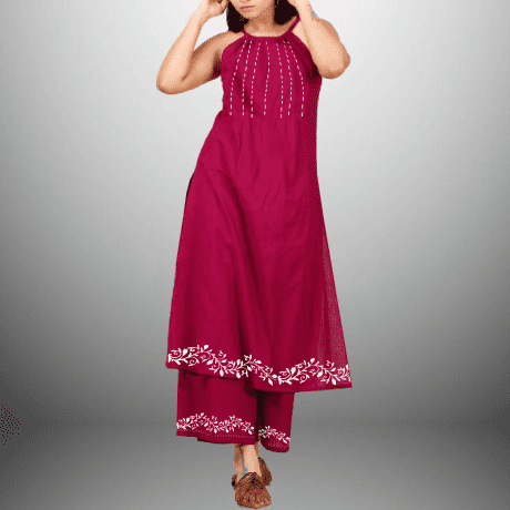 Women’s Halter neck Hot Pink kurti with front Embroidery and Hand Painting-RWKS045