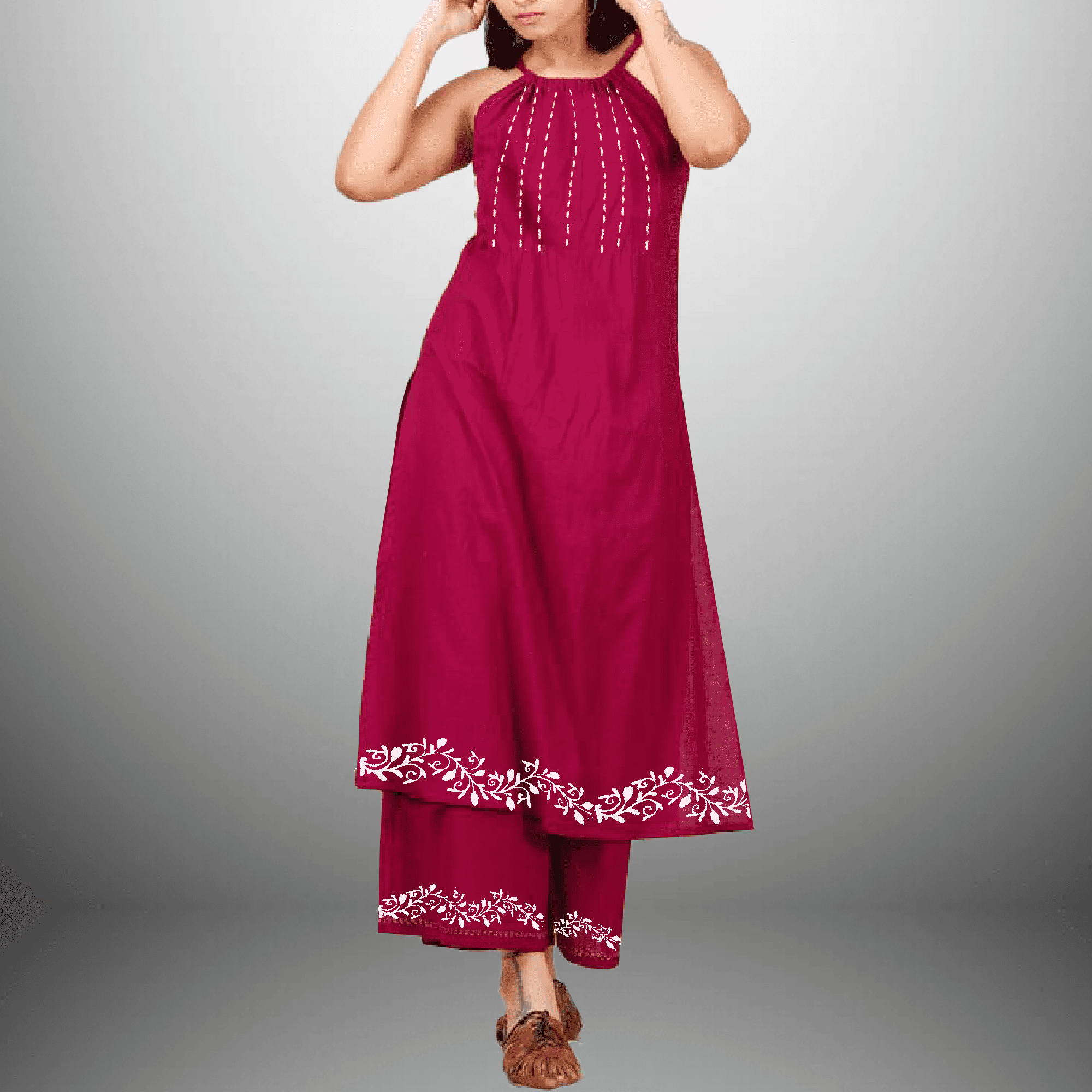 Women's Halter neck Hot Pink kurti with front Embroidery and Hand Painting-RWKS045