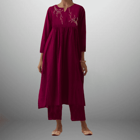 Women’s Jazzberry jam color Kurti with front embroidery and pant-RWKS034