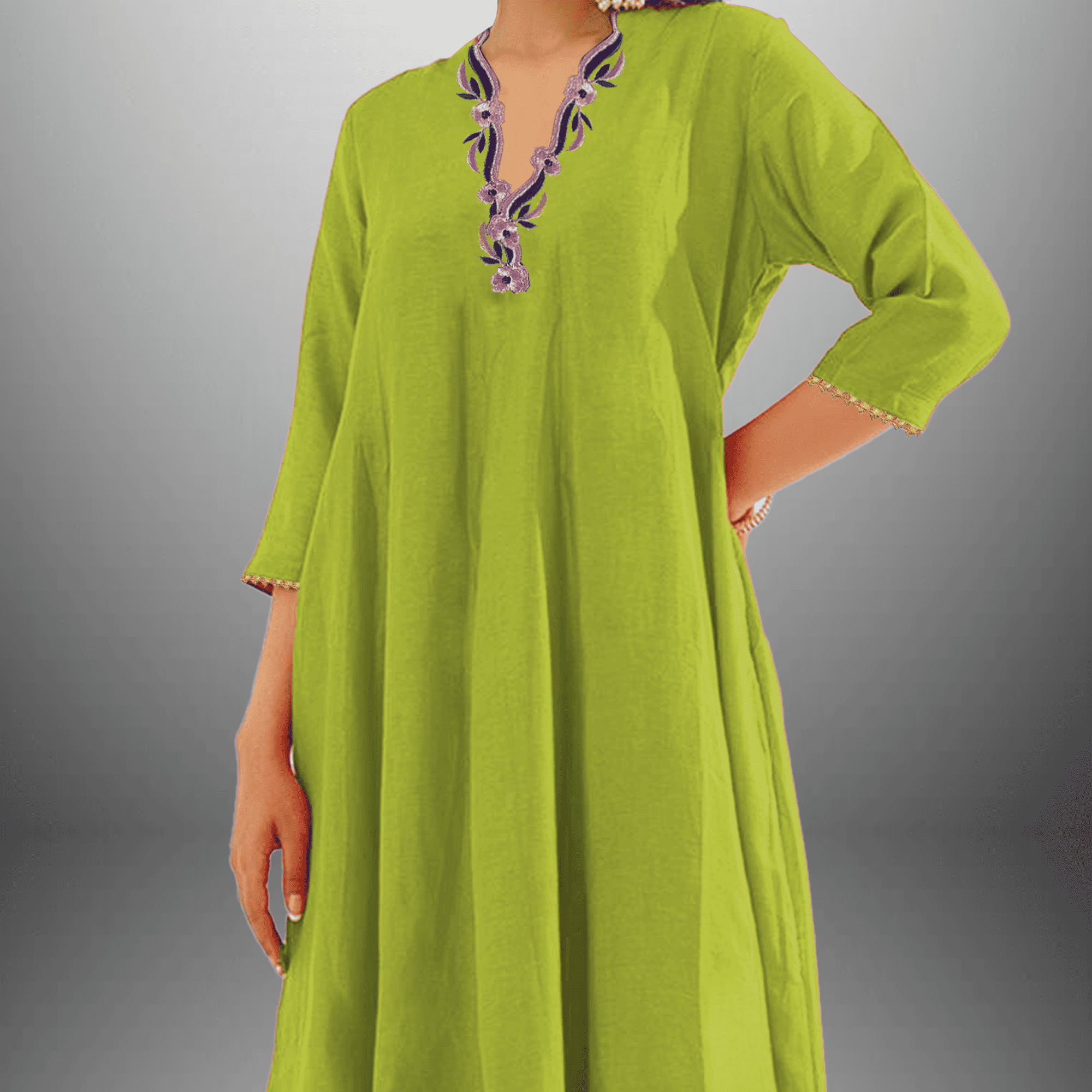 Women's Lime Green Pink Kurti set with Blue embroidery on neckline-RWKS052