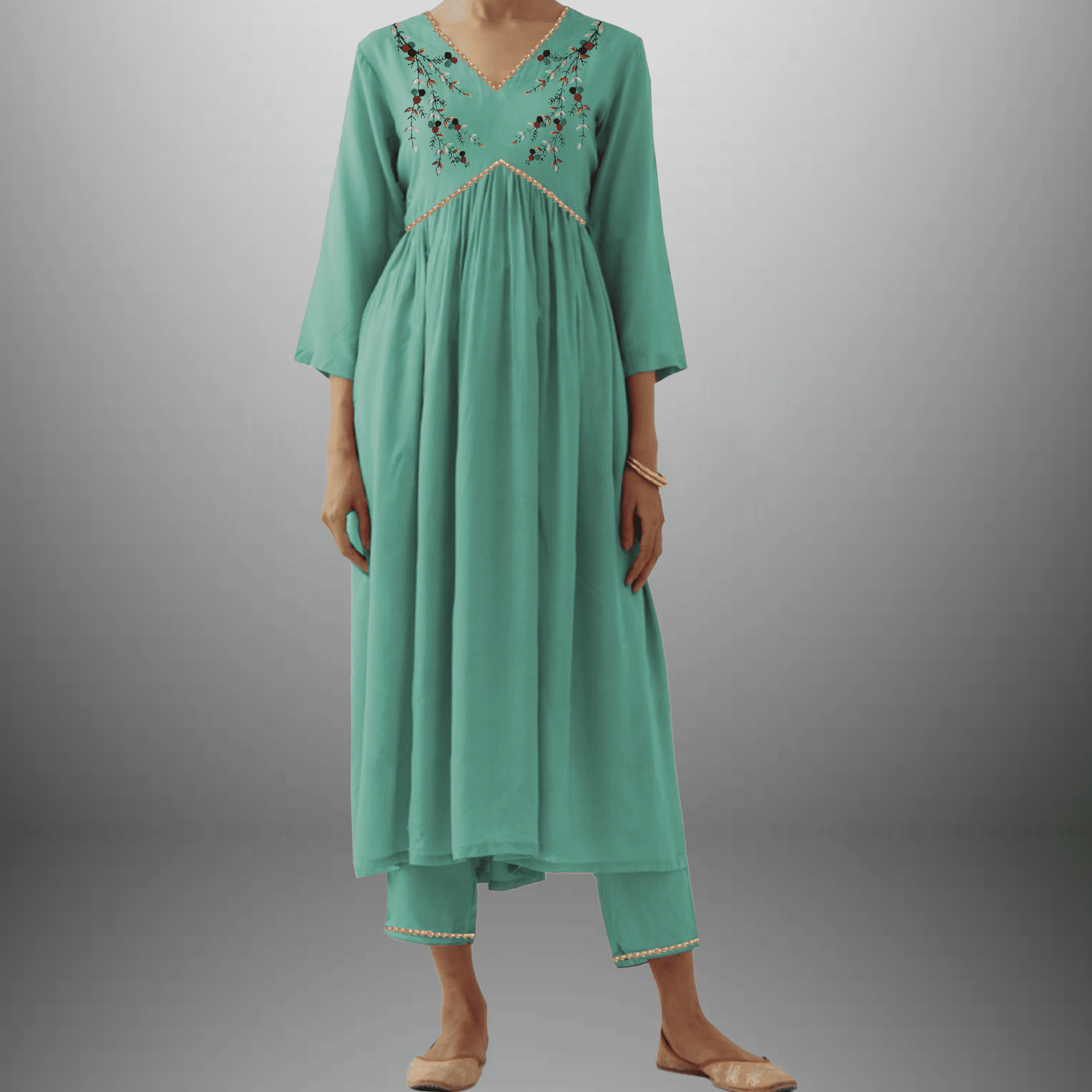 Women's  Mint Green Kurti set with Golden lace border and Embroidery on front-RWKS047