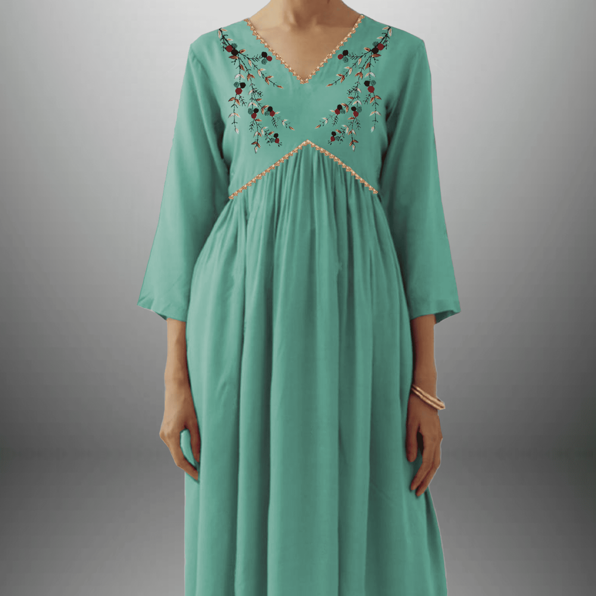 Women's  Mint Green Kurti set with Golden lace border and Embroidery on front-RWKS047