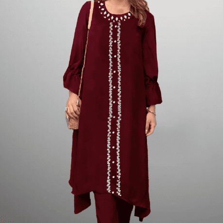 Women’s Maroon Color kurti set with mirror work and embroidery with bead work-RWKS037