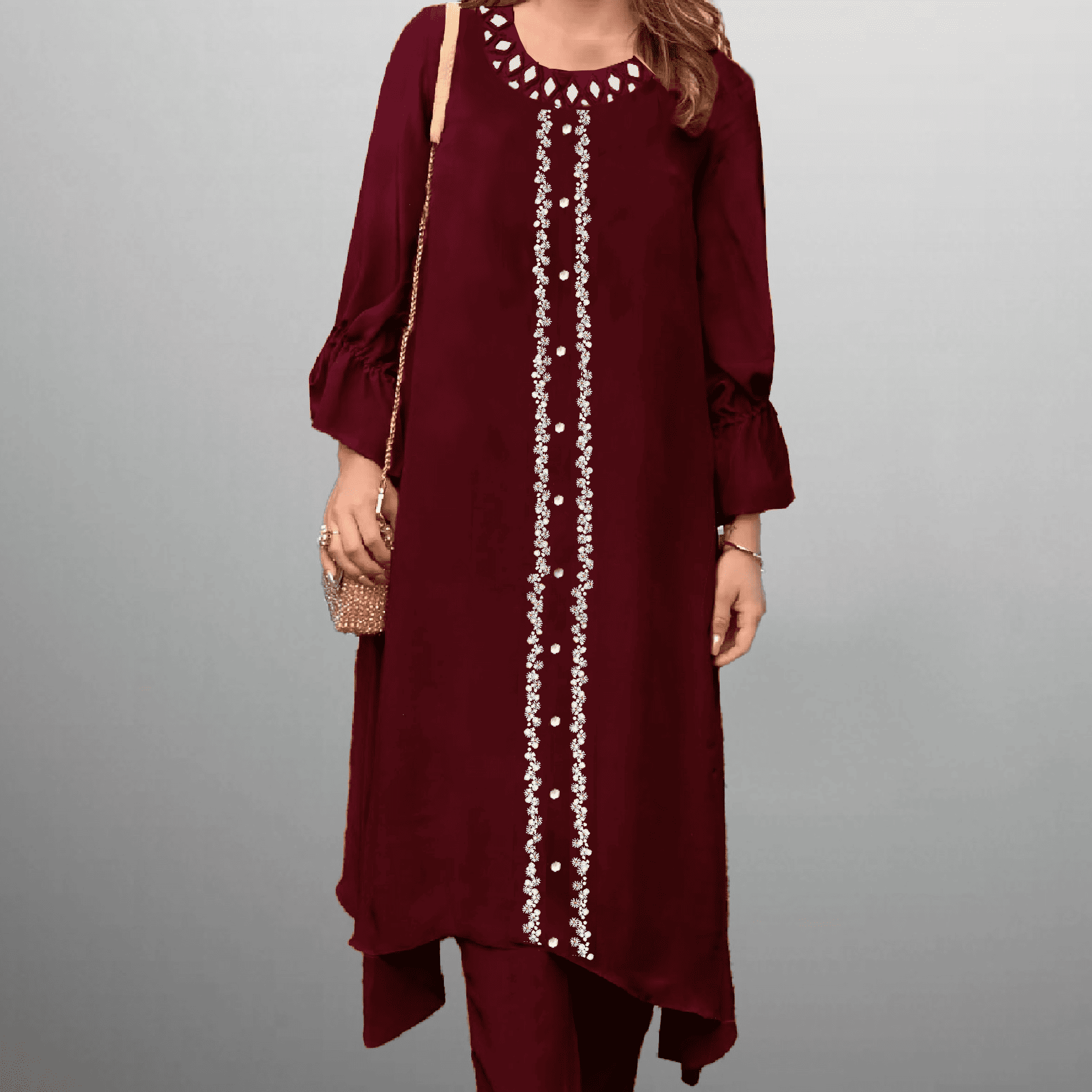 Women's Maroon Color kurti set with mirror work and embroidery with bead work-RWKS037