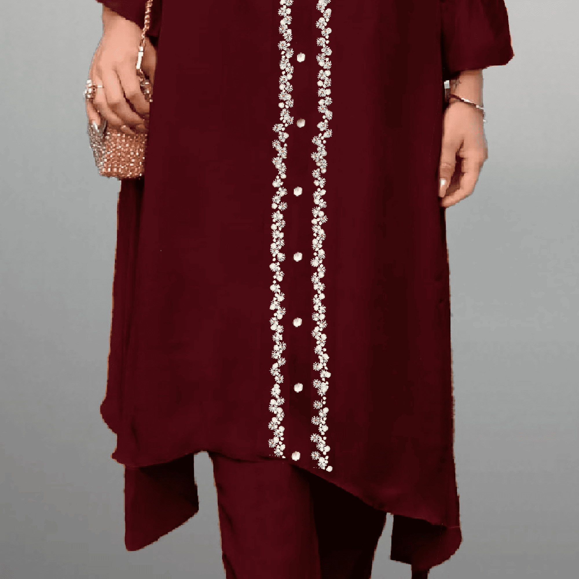 Women's Maroon Color kurti set with mirror work and embroidery with bead work-RWKS037