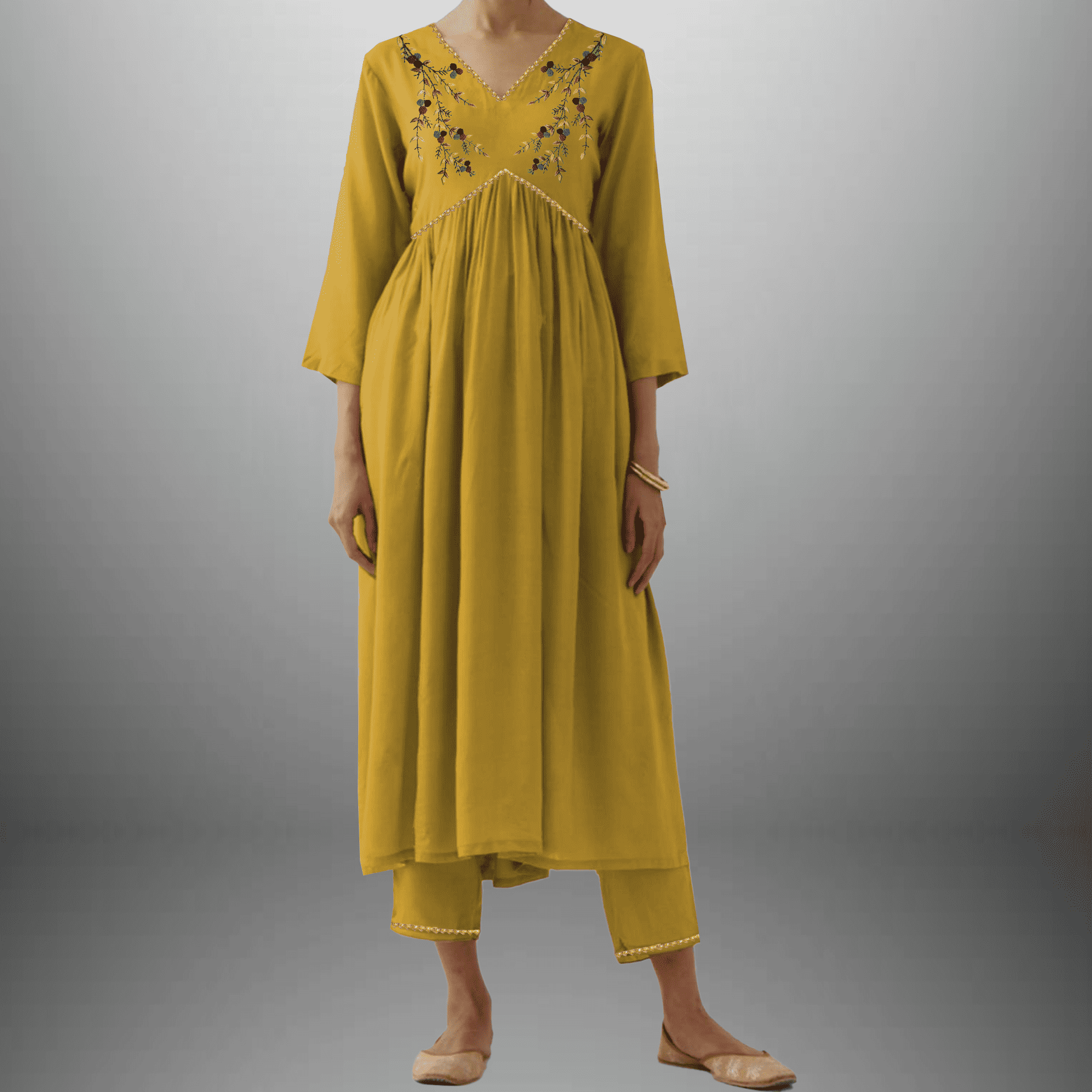 Women's Mustered Yellow Kurti set with Golden lace border and Embroidery on front-RWKS048
