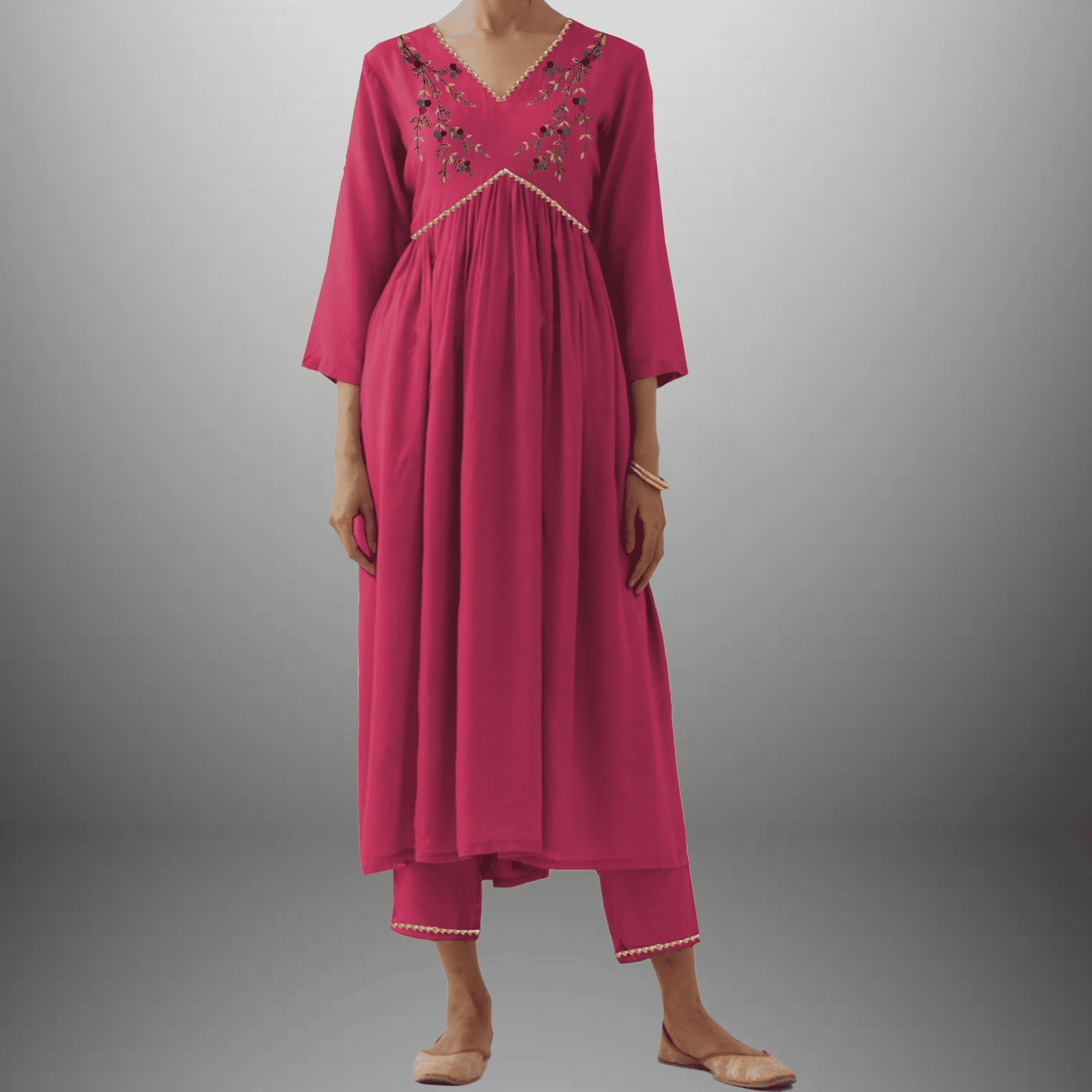 Women's Pink Kurti set with Golden lace border and Embroidery on front-RWKS049