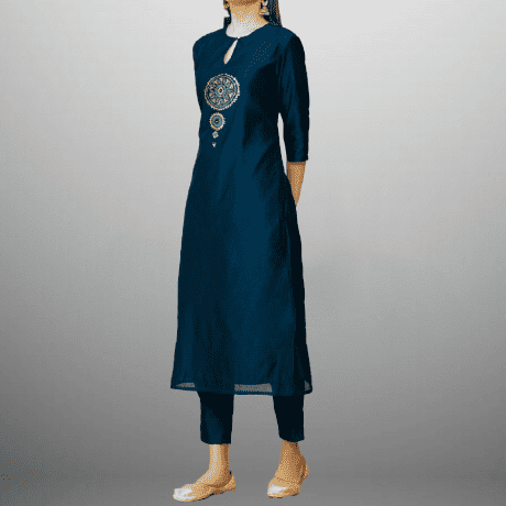 Women’s Prussian blue Kurti set with front embroidery-RWKS035
